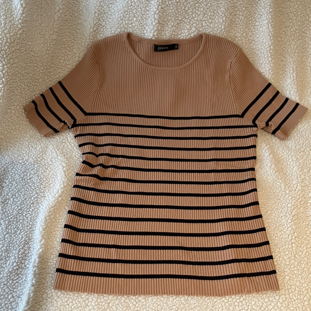Zesica Beige Ribbed Short Sleeve Top with Black Stripes